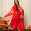 Red Gold Kurta Set-(Set of 3)